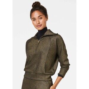 Spanx Air Essentials Half Zip Shine Sweatshirt Black Gold Women’s Large Shimmer